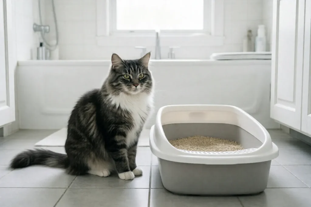 Cat sitting beside a clean litter box