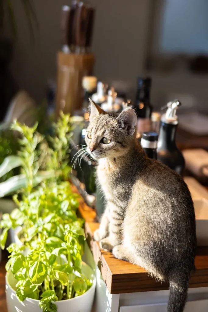 Cat begging for food in the kitchen