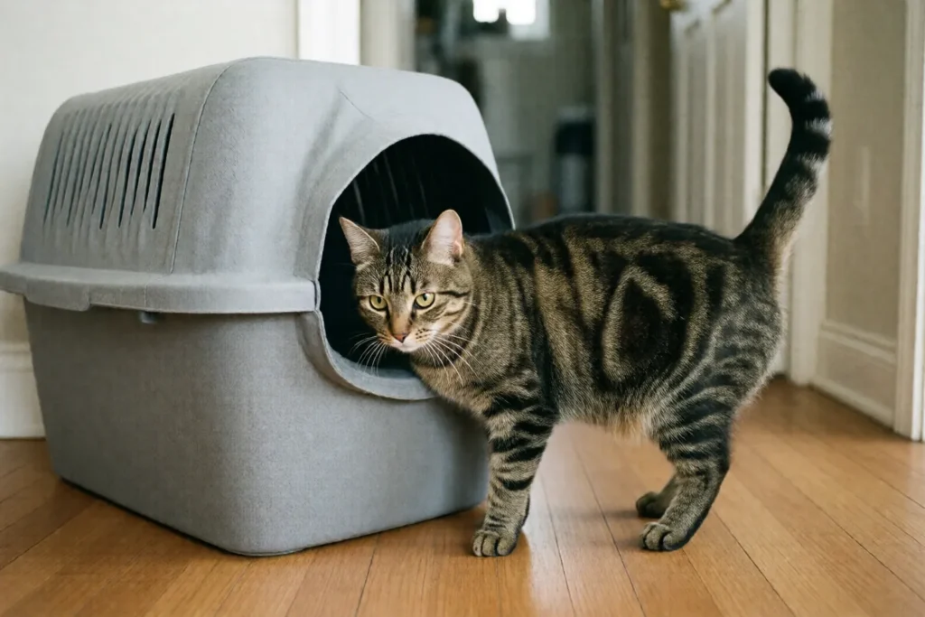 Curious cat inspecting a litter box