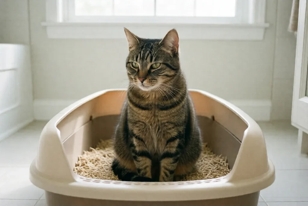 Cat using a litter box calmly