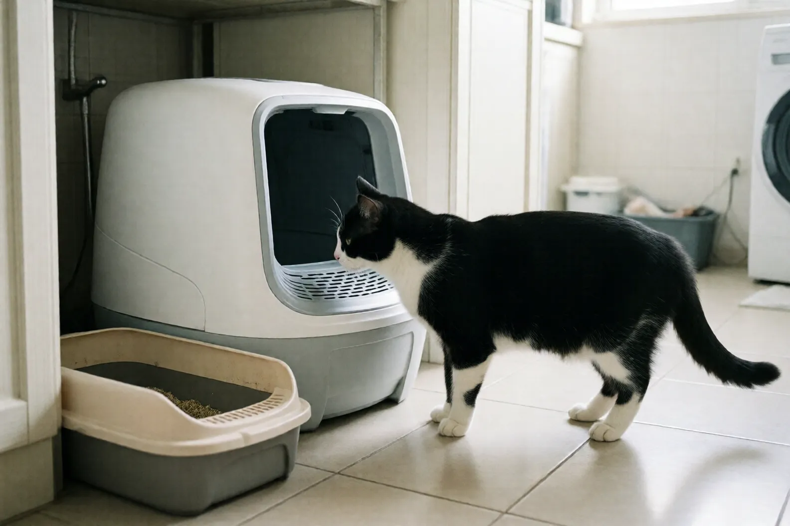 Cat sniffing a new automatic litter box