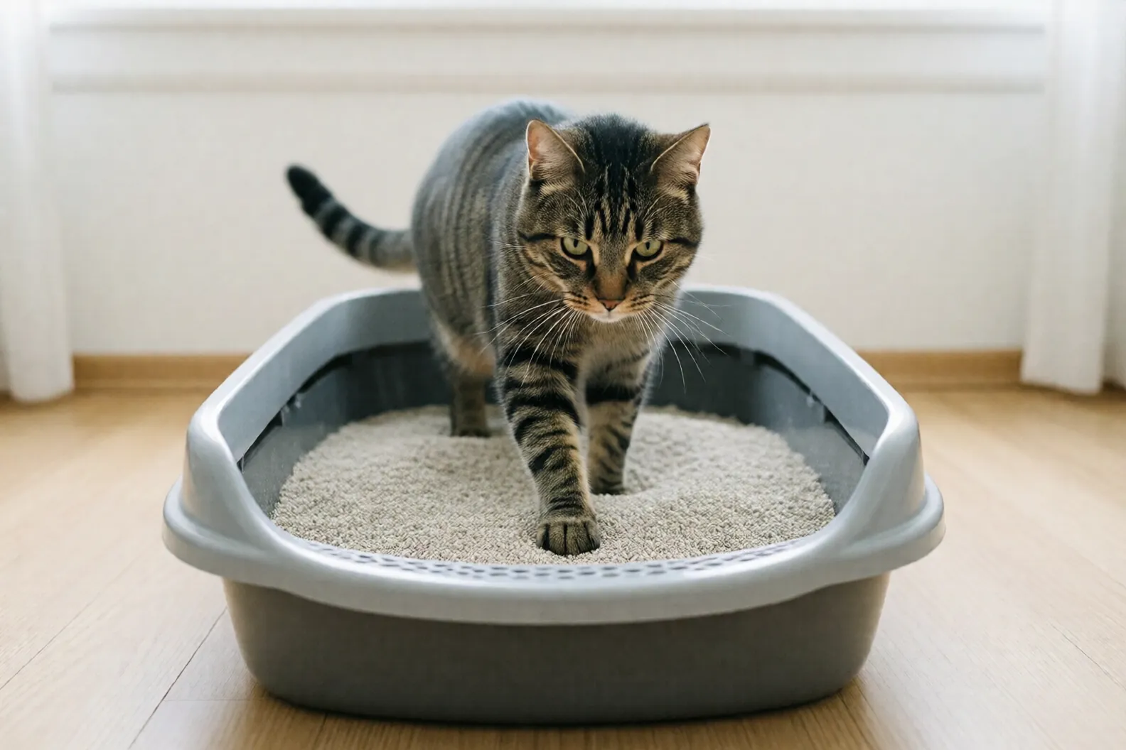 Cat stepping into a litter box