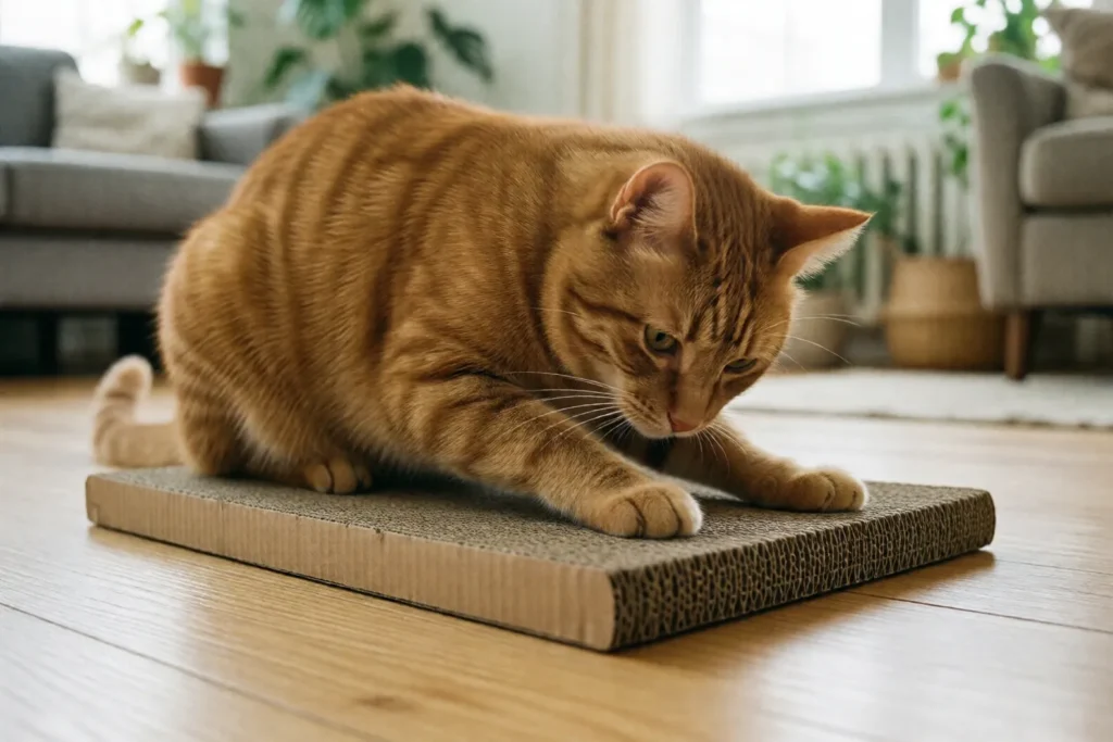 Cat using a horizontal cardboard scratcher