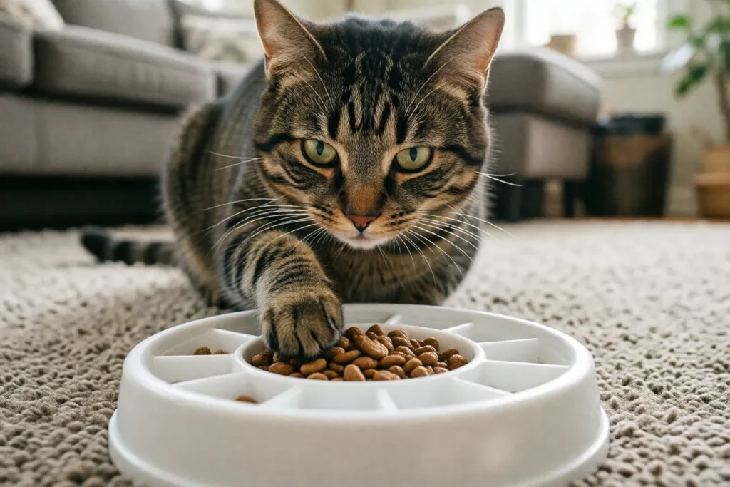 Cat using a food puzzle feeder