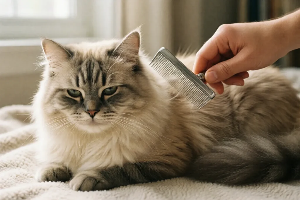 Long-haired cat being combed